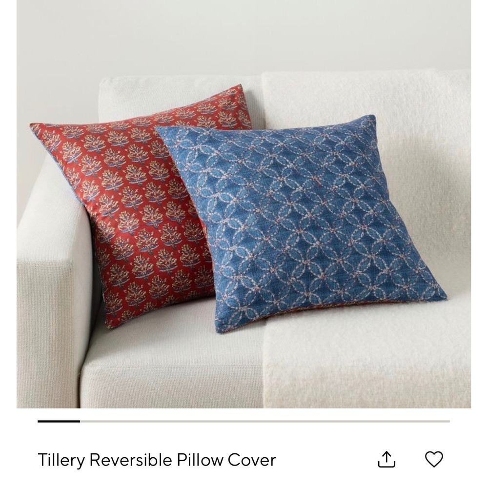 Pottery Barn Tillery Reversible Pillow Cover Red Floral Blue Geometric 20x20